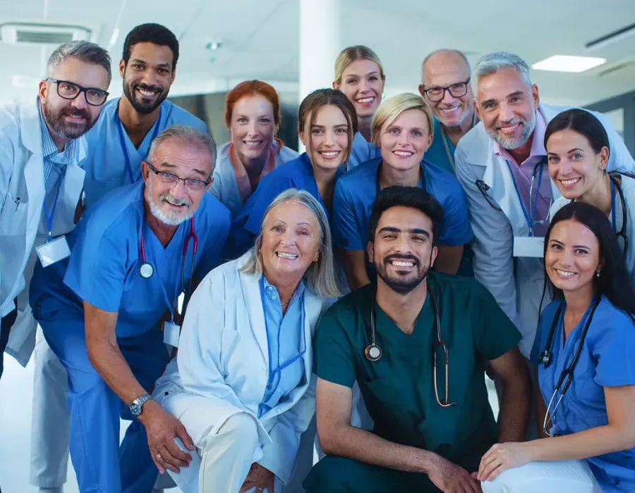 Team of healthcare professionals posing for group photo in hospital